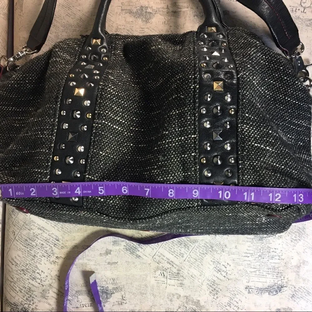 MZ Wallace Lillian Draper Tweed Satchel Leather Trim Studded Shoulder Bag